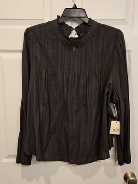 a.n.a Dark Grey Ruffled Mock Neck Long-Sleeve Blouse